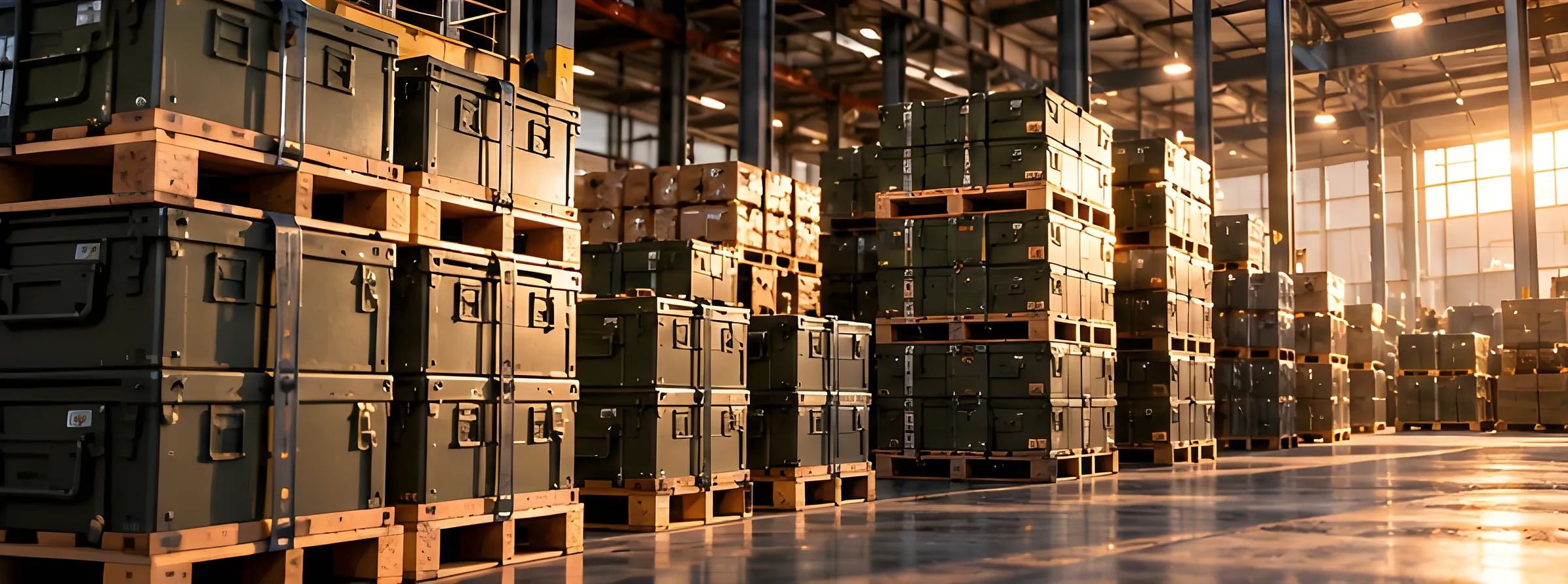 Stacked metal ammunition boxes in a depot
