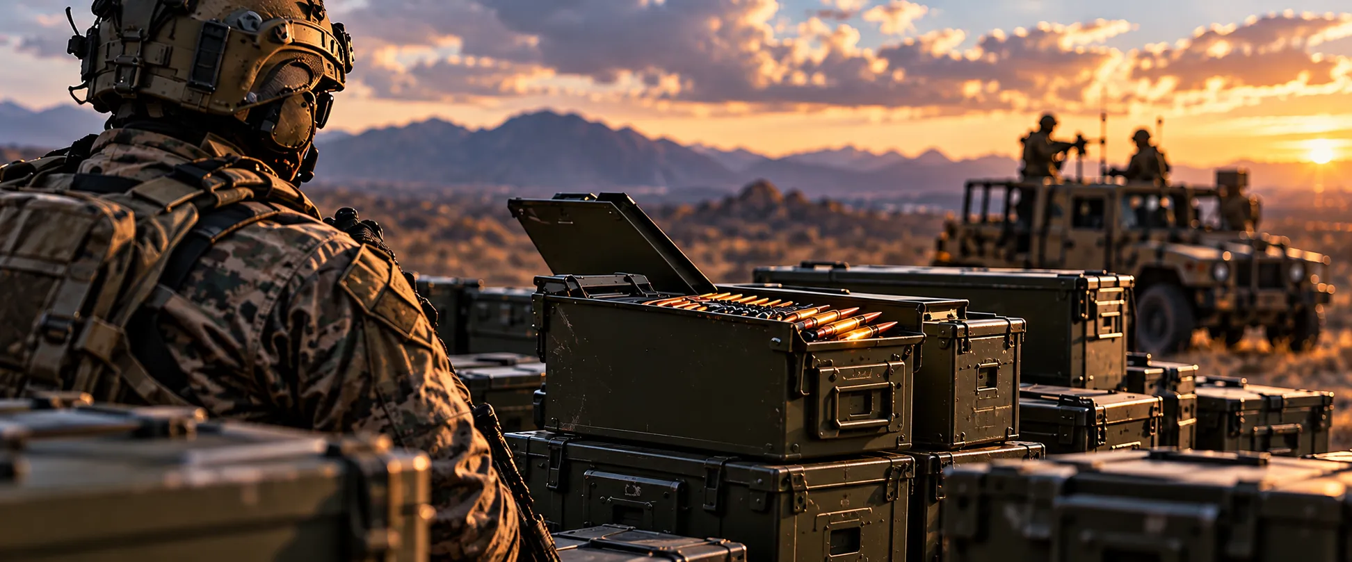 Soldier with ammunition boxes in the field at sunset