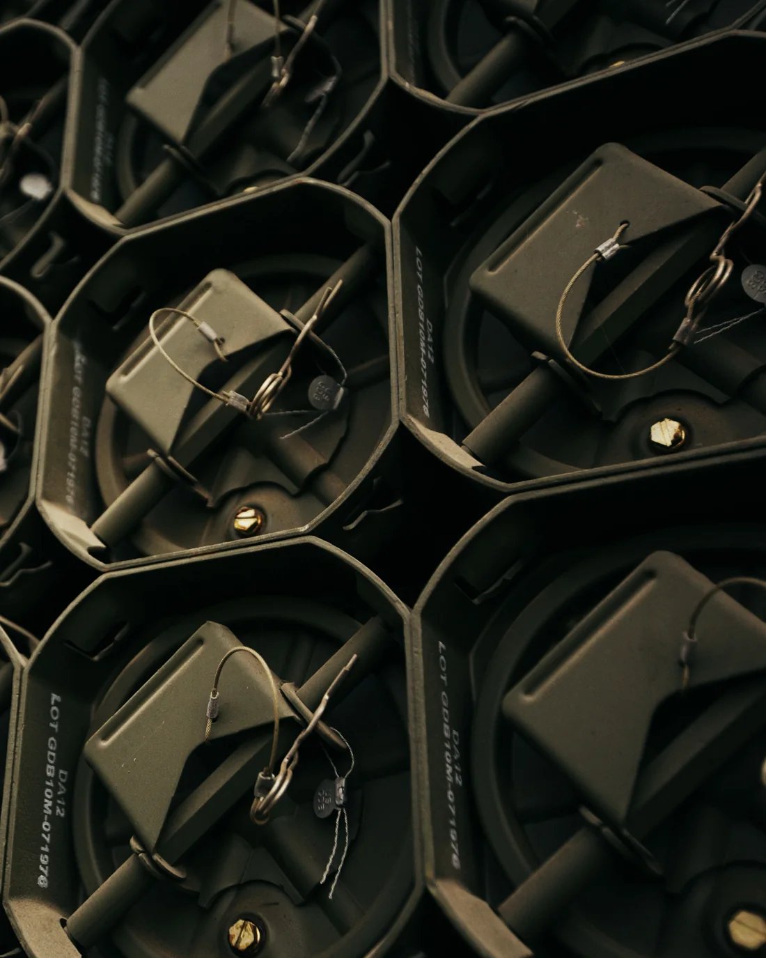 Rows of sealed military ammunition containers